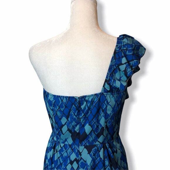 GIANNI BINI - Size 4 Blue Carmella Diamond Print One Shoulder Ruffle Dress - Picture 7 of 12